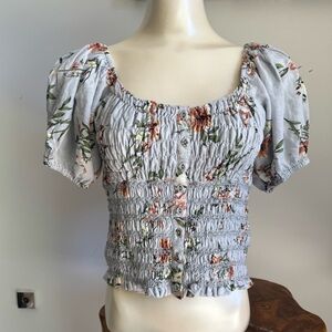 ASTR The Label Light Blue Floral Linen Blend Puff Balloon Sleeve Smocked Top SM